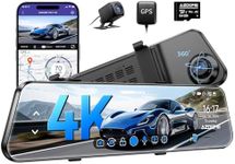 AZDOME PG17 4K 12" Mirror Dash Cam Front and Rear, WiFi Rear View Mirror Camera with 64GB Card, Waterproof 1080P Rear Camera, GPS, Voice Control, WDR Night Vision, Driving Assistant