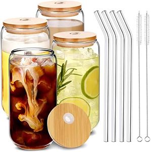MOHARY Drinking Glasses with Bamboo Lids and Glass Straw 4pcs Set - 16oz Glass Cups, Iced Coffee Glasses, Beer Glasses, Cute Reusable Bottle, Ideal for Whiskey, Tea, Gift - 2 Cleaning Brushes