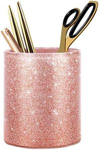 WAVEYU Pen Holder for Desk, Pencil Cup Pink Glitter Bling for Women Girls, Luxury Makeup Brush Holder Large Pu Leather Multi-Functional Organizer Cup for Office, Classroom, Home, Rose Gold