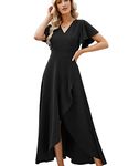 Long Black Formal Dresses for Women Gowns Evening Party Cocktail Dress,Split Elegant V Neck Wrap Ruffle Wedding Guest Dresses, Black, X-Large