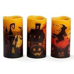THE TWIDDLERS - Set of 3 Real Wax Flameless Halloween Candles – LED Battery Operated Flickering Pillar Candles for Spooky Indoor & Outdoor Halloween Decor