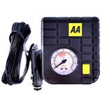 AA Car Essentials 12V Compact Tyre Inflator AA5007 – For Cars Vans Motorbikes Vehicles Inflatables Bicycles - PSI BAR KPA 0-80 PSI – Includes Adaptors, Black