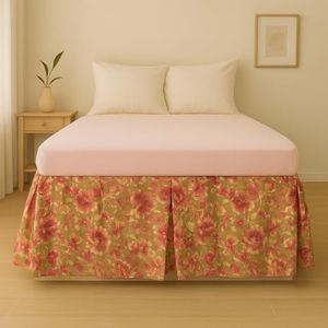 DaDa Bedding Sunset Rubies Bed Skirt Dust Ruffle, Shiny Decorative Floral, Pink & Tan, 14" Drop, Twin