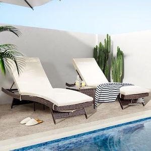 LIDDSTE UF Outdoor Poolside Lounger with Adjustable Backrest Sun Chaise Recliner with Patio Coffee Table for Terrace Garden Poolside for Relaxation Durable and Stylish- Set of 2 (White & Black)