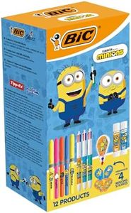 BIC Minions - Kit de papelería (edición limitada, 4 colores, bolígrafo, punta media (1,0 mm)/resaltadores de punta biselada/ratón corrector, 6 m/palos de pegamento/pegatinas - Caja de 12