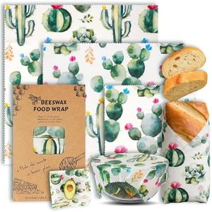 VeraGrid Beeswax Wraps for Food – 3 Pack (S/M/L) Cactus Pattern | Organic Cotton Reusable Bowl Covers, Plastic-Free Eco-Friendly Wrap for Sandwich, Cheese, Fruit, Bread & Homemade Sourdough Storage