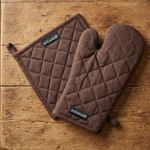 Encasa XO Heat Resistant 100% Cotton Oven Glove & Potholder Set with Loop, Kitchen Cooking Mittens, Microwave Safe Hot Pads (Dark Taupe & Beige)