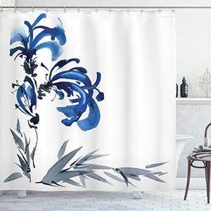 Ambesonne Oriental Shower Curtain, Watercolors Eastern Floral Motif of Brushstroke Effects Hand Drawn Work of Art Garden Image, Cloth Fabric Bathroom Decor Set with Hooks, 69" W x 84" L, Gray Blue