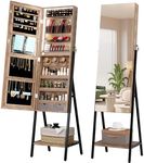 LVSOMT 3 LEDs Mirror Jewelry Cabinet, 42.5" Jewelry Mirror with Full Lenght Mirror, Standing Jewelry Mirror Armoire, Mirror with Storage for Jewelry Cosmetics, White