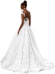 Zeeyecie White Cap Sleeve Wedding Dresses for Bride Glitter Tulle Ruched Bridal Gowns with Train Long Beach Wedding Dress US6