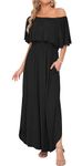 WNEEDU Womens Summer Dress 2024 Off Shoulder Maxi Dress Ruffle Casual Swing Sundresses with Pockets Black 2XL