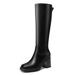 Women Knee High Boots Square Toe Stacked Heel Thick Sole Boots Chunky High Heels Under The Knee Wide Calf Dress Shoes with Zippers - Black 9 US