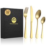 BEWOS 32-Piece Stainless Steel Cutlery Set, Matt Gold Knives and Forks Set, Service for 8, Spoon and Fork Set with Gift Box, Tableware Flatware Set with Fork and Spoon Set, Dishwasher Safe