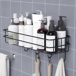 Boniry Stainless Steel Bathroom Shelf for Wall, Self Adhesive Bathroom Organiser, 4 Hooks for Towel Holder, Space-Saving Wall Mounted Bathroom Shelf with Elegant Design (Pack of 1, Black)