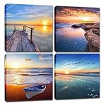 ZHJLUT Beach Wall Decor Sunrise Painting - Framed 4 Panel Blue Sea Canvas Wall Art Ocean Theme Nautical Seascape Landscape Decor for Boy Girl Teen Women Home Ofice Decoration (12X12 INCH Framed)