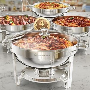 WARMOUNTS 4-Pack Chafing Dish Buffet Set, 5QT Round Buffet Servers Warmers Set, Stainless Steel Catering Food Warmer with Glass Lid & Holder for Party