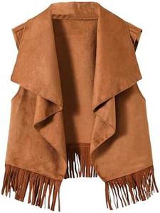 Floerns Girl's Waterfall Collar Sleeveless Open Front Fringe Trim Vest Coat Brown 11-12Y
