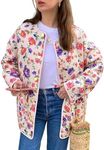 COZYPOIN Women Floral Printed Quilted Jacket Colorblock Lightweight Padded Jacket Puffer Coat Outwear(Purple-L)