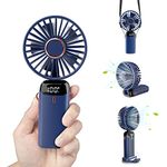 SUTOUG Personal Fan, Portable Hanging Neck Fan, 3000mAh USB-C Rechargeable 5-Speed Modes Powerful Desktop Fan with Base, Max 12H Run Time, Adjustable Lanyard and Bracket Hands-free Cooling Fan-Blue