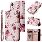 UEEBAI Wallet Case for iPhone XR, Premium Vintage PU Leather Magnetic Closure Handbag Zipper Pocket Case Kickstand Card Slots with Wrist Strap TPU Shockproof Flip Cover for iPhone XR - Pink Flower