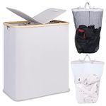 efluky Laundry Hamper with Lid, Double Laundry Hamper with 2 Removable Bags, 2 Section Laundry Basket with Bamboo Handles for Bathroom, Bedroom & Laundry Room, 140L (36.9 Gallon) Light Grey