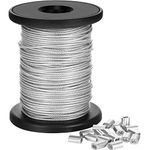 Vinyl Coated Picture Frame Hanging Wire, Stainless Steel Wire Spool with 20 Pieces Aluminum Crimping Loop Sleeve, Supports up to 110 Lbs (1.5 mm x 98 Feet)