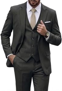 YND Men's Slim Fit 3 Piece Suit, One Button Jacket Vest Pants Set with Tie, Solid Party Wedding Dress Blazer, Tux Waistcoat and Trousers Deep Grey