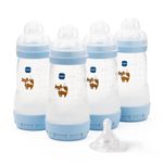 MAM Easy Start Anti-Colic Baby Bottles | 4 Pack (4X 260ml) | Self-Sterilising Baby Milk Bottle | Medium Flow MAM Teats Size 2 + 1x Fast Flow Teat Size 3 | Powder Blue (Various Designs)