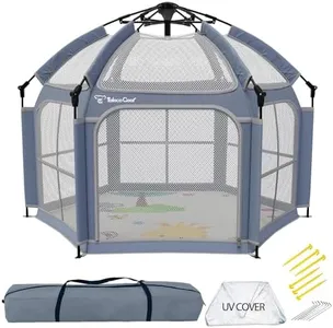 Baby Playpen with Canopy, Portable Indoor & Outdoor for Baby and Toddler, Foldable Pop up Playpen with Mat, Play Yard with Travel Bag, 6 Ground Stakes, 6 Sand Stakes
