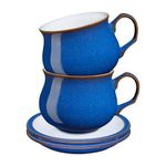 Denby - Imperial Blue Tea Cup and Saucer Set of 2 - 200ml Stoneware Ceramic Coffee Mug and Saucer Set - Tea Party Set - Dishwasher Safe, Microwave Safe - Royal Blue, White - Chip Resistant