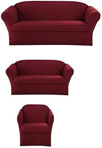 Sapphire Home 3-Piece SlipCover Set for Sofa Loveseat Couch Arm Chair, Form fit Stretch, Wrinkle Free, Furniture Protector (Burgundy)