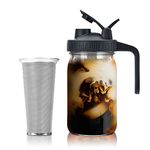 Jrssae Cold Brew Coffee Maker - 32oz Cold Brew Pitcher with Stainless Steel Super Dense Filter Easy of Use, Durable & Sturdy Classic BPA Free Sturdy Mason jar Pitcher with Black Lid Easy to Clean