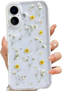 LSEEKA for iPhone 16 Plus Clear Case with Pressed Real Flowers Design,Glitter Cute Yellow Floral Pattern Slim Soft TPU Protective Women Girl's Phone Cover for iPhone 16 Plus