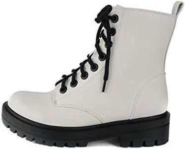 Soda FIRM - Lug Sole Combat Ankle Bootie Lace up w/Side Zipper, White, 8