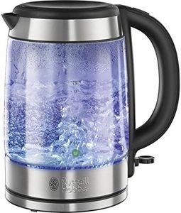 Russell Hobbs Illuminating 1.7L Electric Cordless Glass Kettle with black/brushed stainless steel accents (Fast Boil 3KW, Washable anti-scale filter, Button to open lid, Perfect pour spout) 21600-10