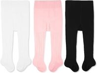 CozyWay Cable Knit Cotton Leggings/Tights for Baby Girls, 3 Pack, White/Pink/Black, 3-6 Months Old