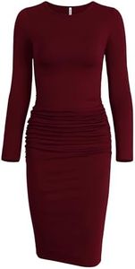 Missufe Long Sleeve Ruched Casual Sundress Women's Knee Length Bodycon Sheath Dress (Burgundy, X-Small)