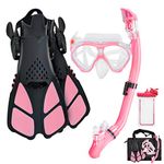 Aisrida Kids Snorkeling Set Children Mask Fin Snorkel Set Snorkeling Gear Snorkel Mask + Adjustable Swimming Kids Flippers+ Dry Snorkel Tube + Travel Bags (Pink)