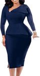 Cololura Womens Fashion Crew Neck Peplum Short Sleeve Work Business Bodycon Pencil Dress, Blue, X-Large