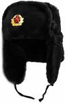 NORTH-GATE Mens Black Russian Trapper Winter Warm Hat Cap with Soviet Badge Unisex Faux Fur Ushanka Flaps Hat, Large (58 cm)