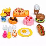 PLUSPOINT Pretend Play Fast Food Set, 14pc Play Food for Kids with Take Apart Burger and Hot Dog Plastic Toys Food, Play Kitchen Accessories Role Play Toys Christmas Birthday Gift for Kids Toddlers