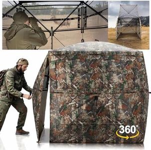 HUNTSEN Hunting Blind 360 Degree See Through Ground Blind 2-3 Person - Portable Pop Up Deer Blind with Full Open Door - Camouflage Ground Blind for Deer & Turkey Hunting