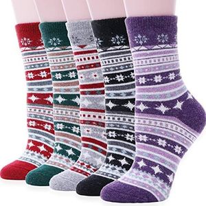 Sandsuced Wool Warm Socks for Women Winter Hiking Thick Boot Thermal Cabin Cozy Crew Work Soft Ladies Socks 5 Pack（Snowflake C）
