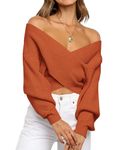 BTFBM Women Casual V Neck Long Sleeve Cross Wrap Front Sweaters Off Shoulder Asymmetric Hem Knitted Crop Solid Pullover(Solid Brown, Small)