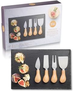Taylors Eye Witness Cheese Knives & Natural Slate Board 4 Piece Set of 3 Knives & Serving Fork. Rounded Solid Oak Wood Handles And Natural Slate Cheese Board. 10 Year Guarantee