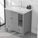 Merax 30" Bathroom Vanity with Sink,Bathroom Storage Cabinet with Doors and Drawers,Solid Wood Frame,Ceramic Sink,Grey