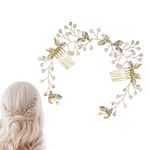 SANNIDHI® Bridal Hair Accessories for Wedding, Brides Flower Crown Headpiece Side Hair Clips, Vintage Metal Gold Leaf Pearl Crystal Hair Comb Pins Hair Tiara Vine for Women Ladies Party Birthday