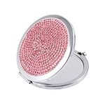 Lurrose Bling Compact Mirror Round Folding Mirror Double-Sided Cosmetic Mirror Portable Pocket Mirror Rhinestone Mirror for Travel and Home Use (Pink)