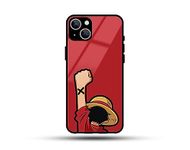 BienesMart One Piece Series Luffy Printed Design Anime iPhone Back Case | Strong Tempered Glass Back Cover | Camera & Edge Protection | Wireless Charging (14 Plus)