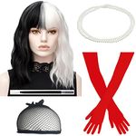 TANTAKO Women Black and White Cosplay Wigs with Bang, Half Black and Half White Wig with 1920s Red Gloves and Holder/Pearl Necklace(B)